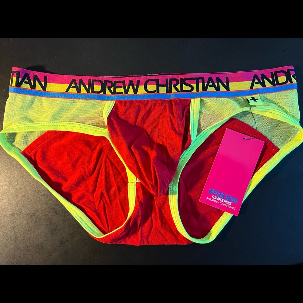 Andrew Christian Peek-a-Boo Brief - Large - Red/Yellow